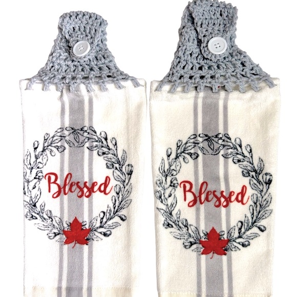HAND CRAFTED Gray Crocheted Top Blessed Hanging Kitchen or Bathroom Hand Towels - Picture 5 of 7